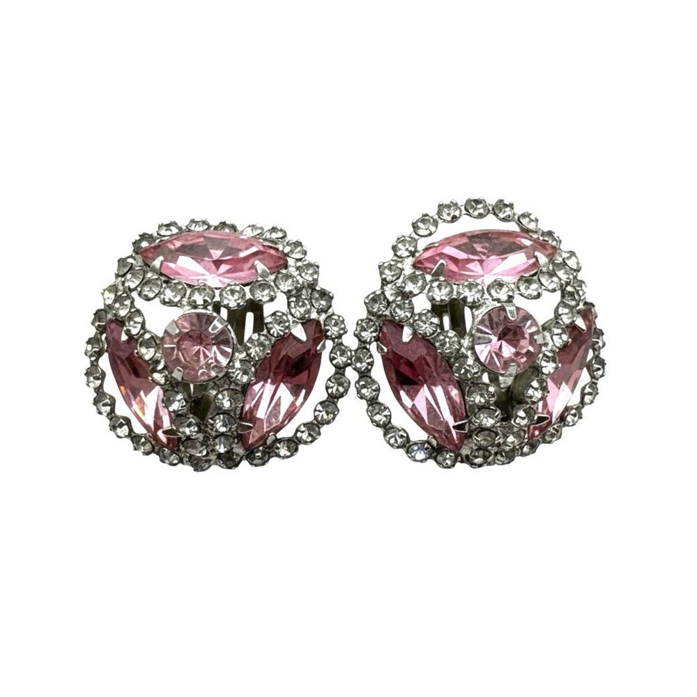 Weiss Silver Tone Clip On Earrings Pink Rhinestones Stunning Holiday Party
